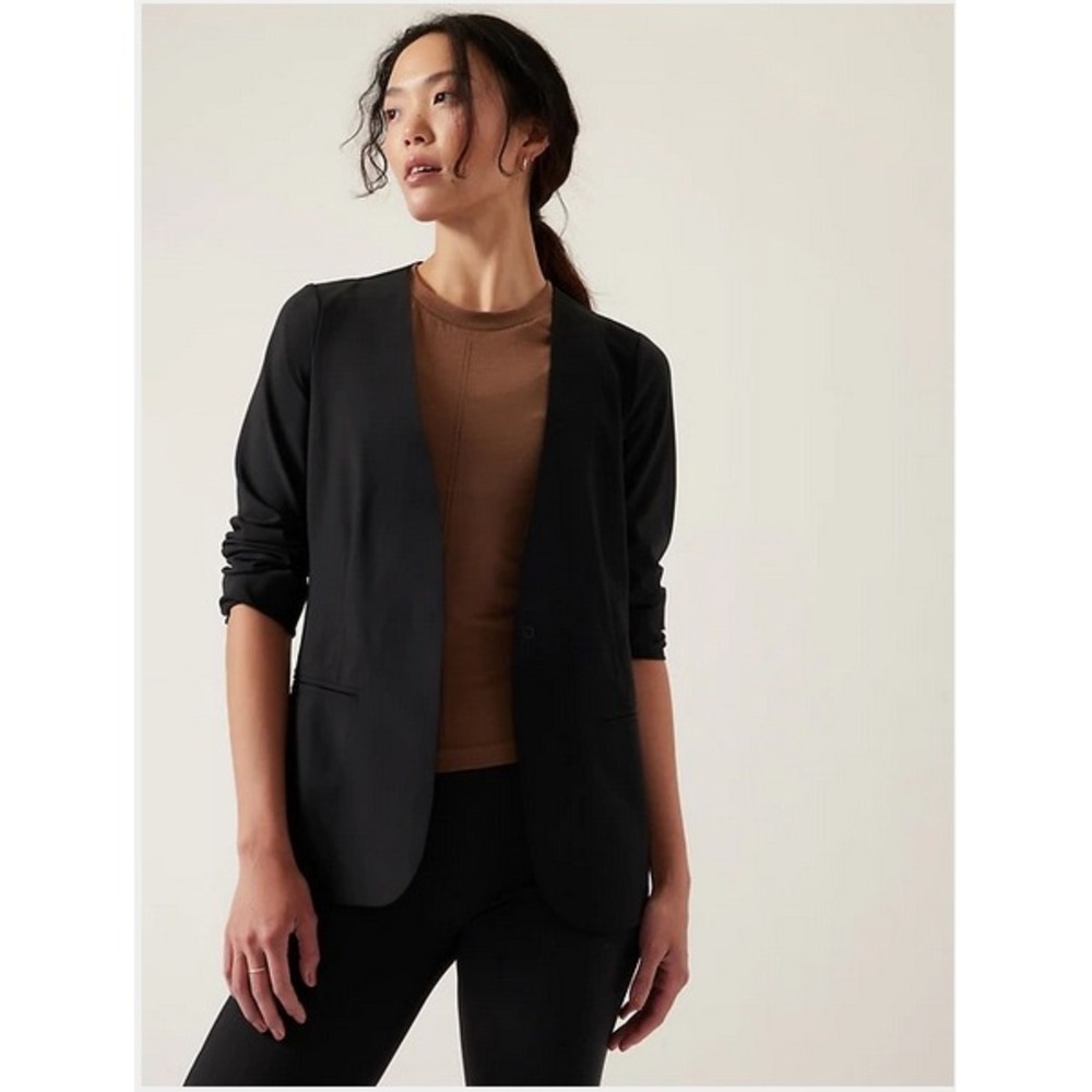 Athleta Avenue Blazer Black Open Front Technical Stretch Suit Jacket Womens 0